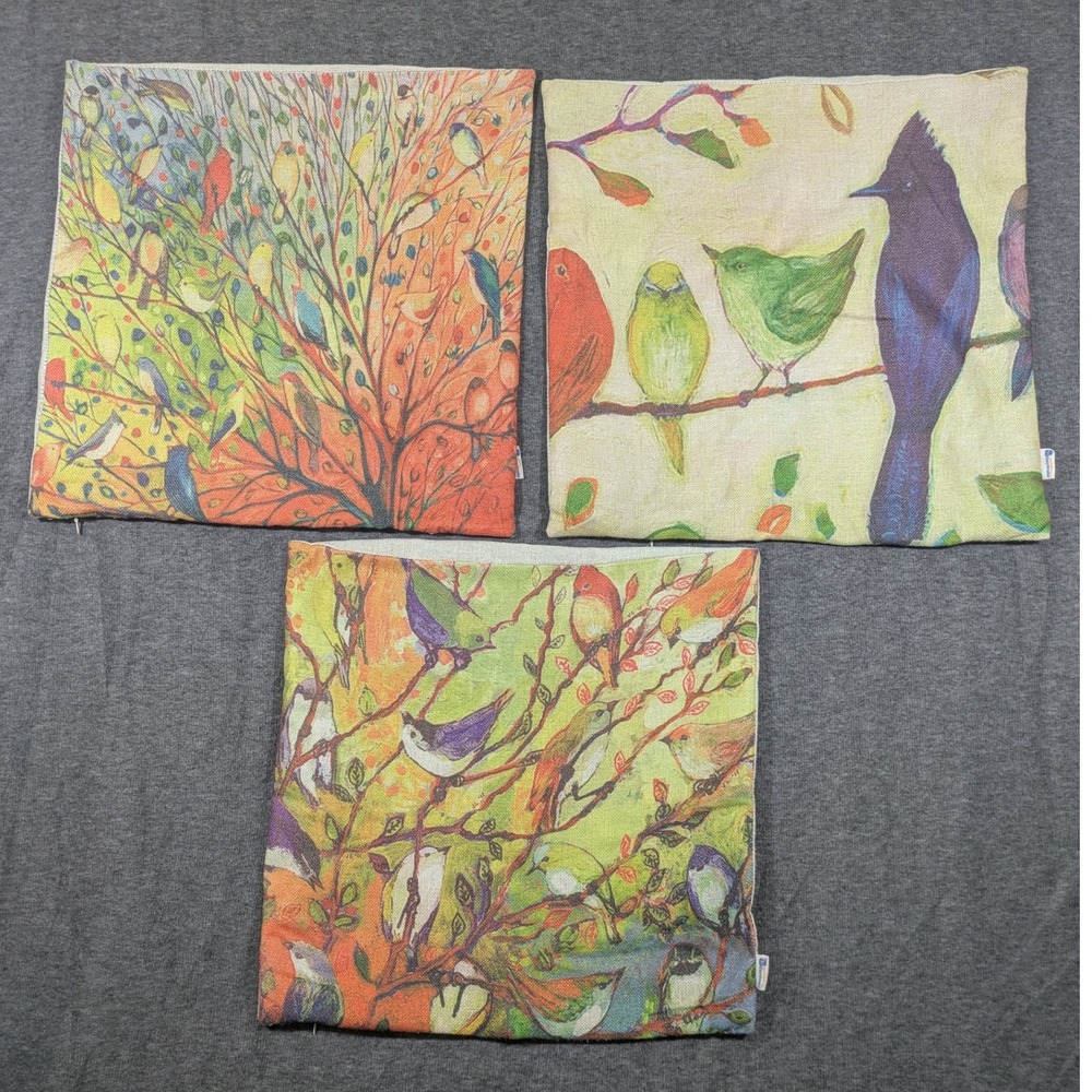 Set of 3 Throw Pillow Covers Burlap Birdsโ Coloful 17"x17" Zipper Closing